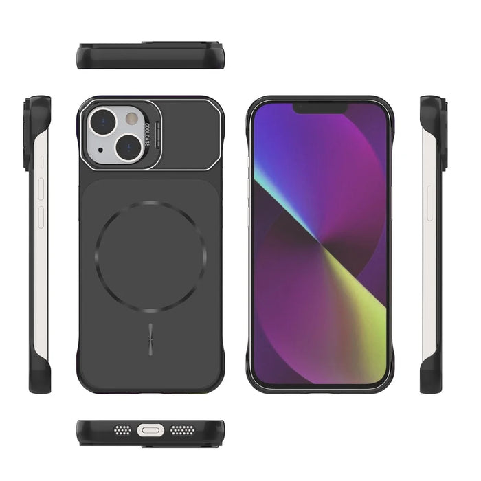 For iPhone 14 Magnetic Case Lens Frame Kickstand Matte PC Frameless Phone Cover - Black - 5