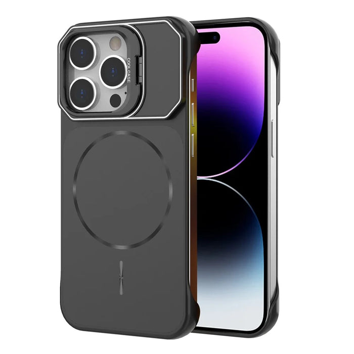 For iPhone 14 Pro Magnetic Case Lens Frame Kickstand Matte PC Frameless Phone Cover - Black - 1