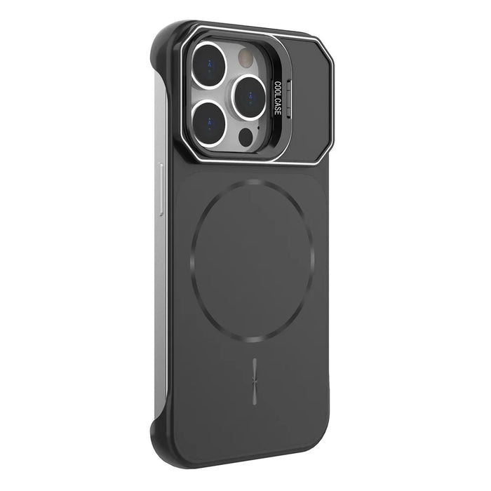 For iPhone 14 Pro Magnetic Case Lens Frame Kickstand Matte PC Frameless Phone Cover - Black - 3