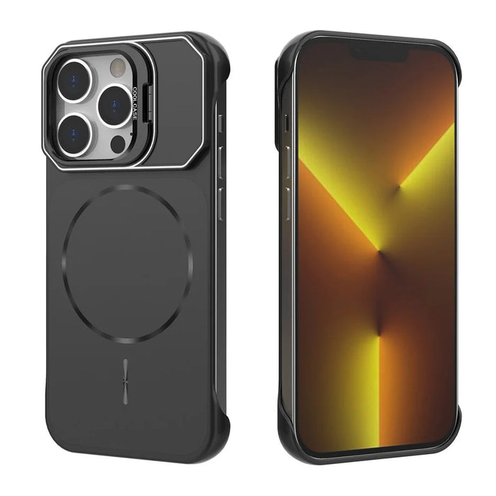 For iPhone 14 Pro Magnetic Case Lens Frame Kickstand Matte PC Frameless Phone Cover - Black - 4