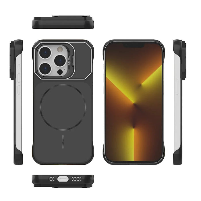 For iPhone 14 Pro Magnetic Case Lens Frame Kickstand Matte PC Frameless Phone Cover - Black - 5