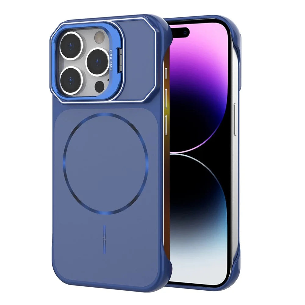 For iPhone 14 Pro Max Magnetic Case Lens Frame Kickstand Matte PC Frameless Phone Cover - Blue - 1