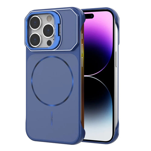 For iPhone 14 Pro Max Magnetic Case Lens Frame Kickstand Matte PC Frameless Phone Cover - Blue - 1