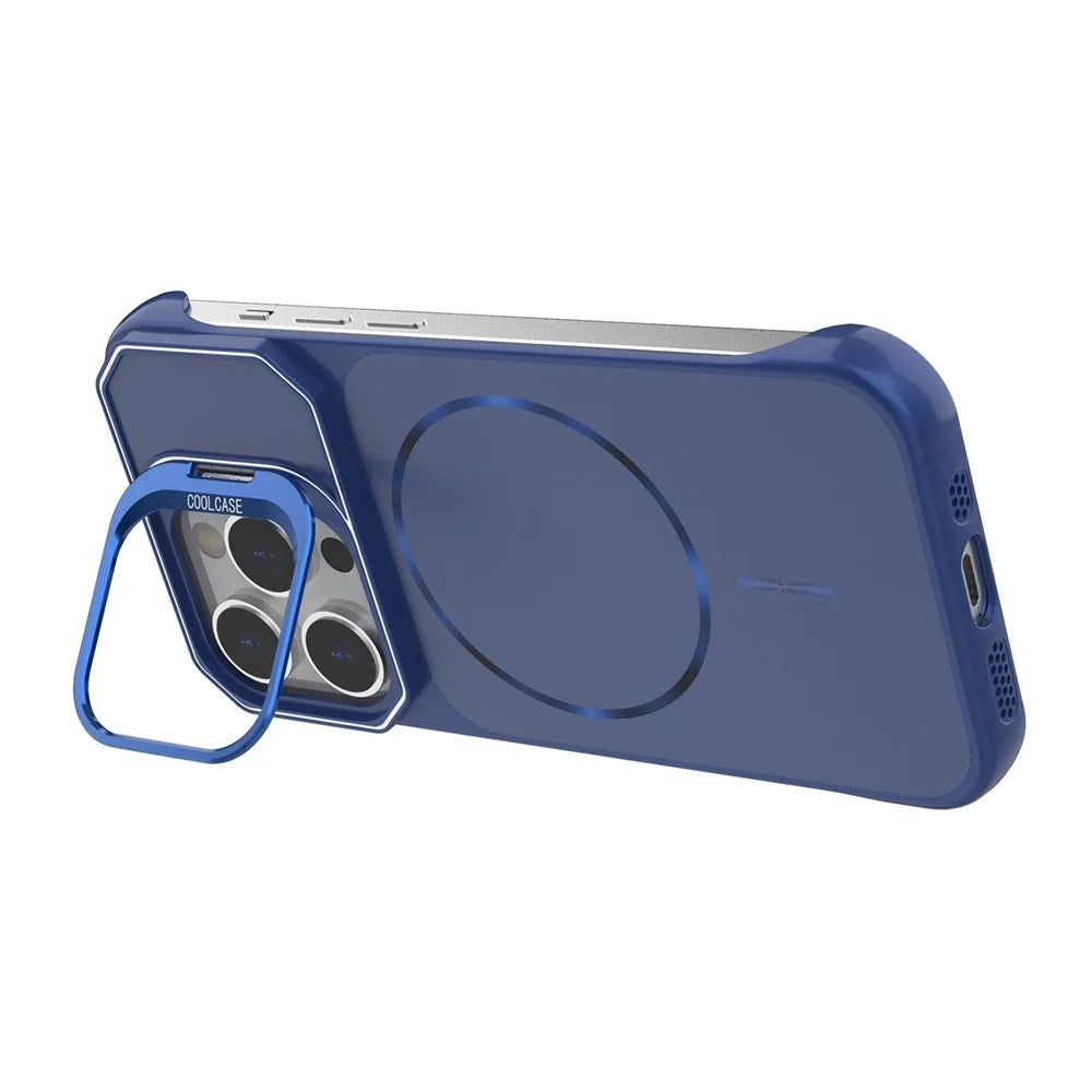 For iPhone 14 Pro Max Magnetic Case Lens Frame Kickstand Matte PC Frameless Phone Cover - Blue - 2