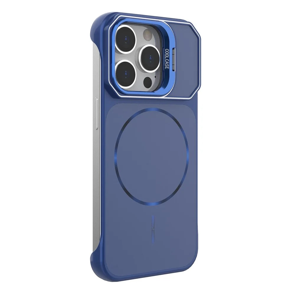 For iPhone 14 Pro Max Magnetic Case Lens Frame Kickstand Matte PC Frameless Phone Cover - Blue - 3