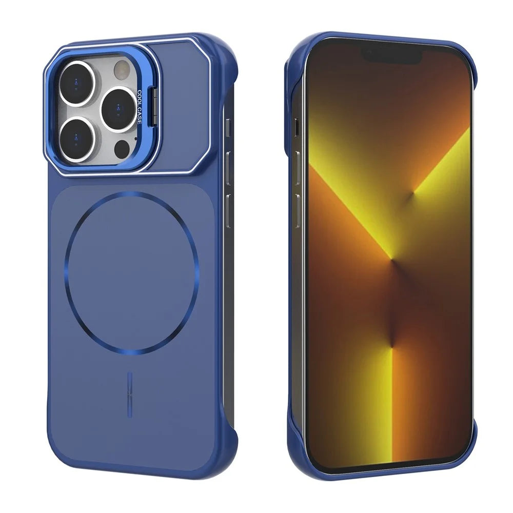 For iPhone 14 Pro Max Magnetic Case Lens Frame Kickstand Matte PC Frameless Phone Cover - Blue - 4