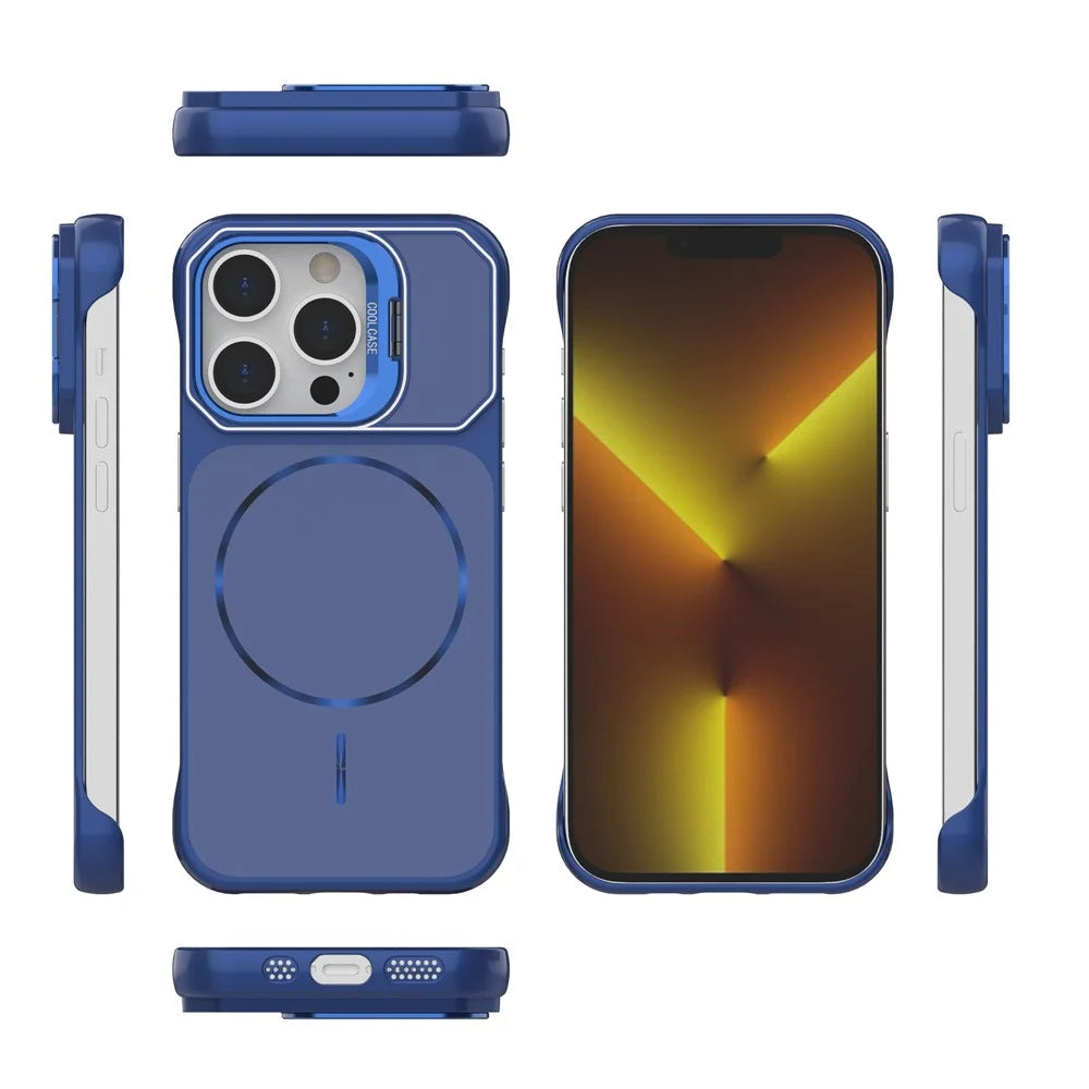 For iPhone 14 Pro Max Magnetic Case Lens Frame Kickstand Matte PC Frameless Phone Cover - Blue - 5