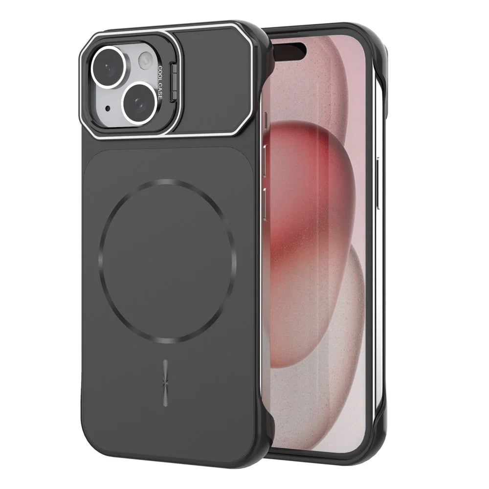 For iPhone 15 Magnetic Case Lens Frame Kickstand Matte PC Frameless Phone Cover - Black - 1