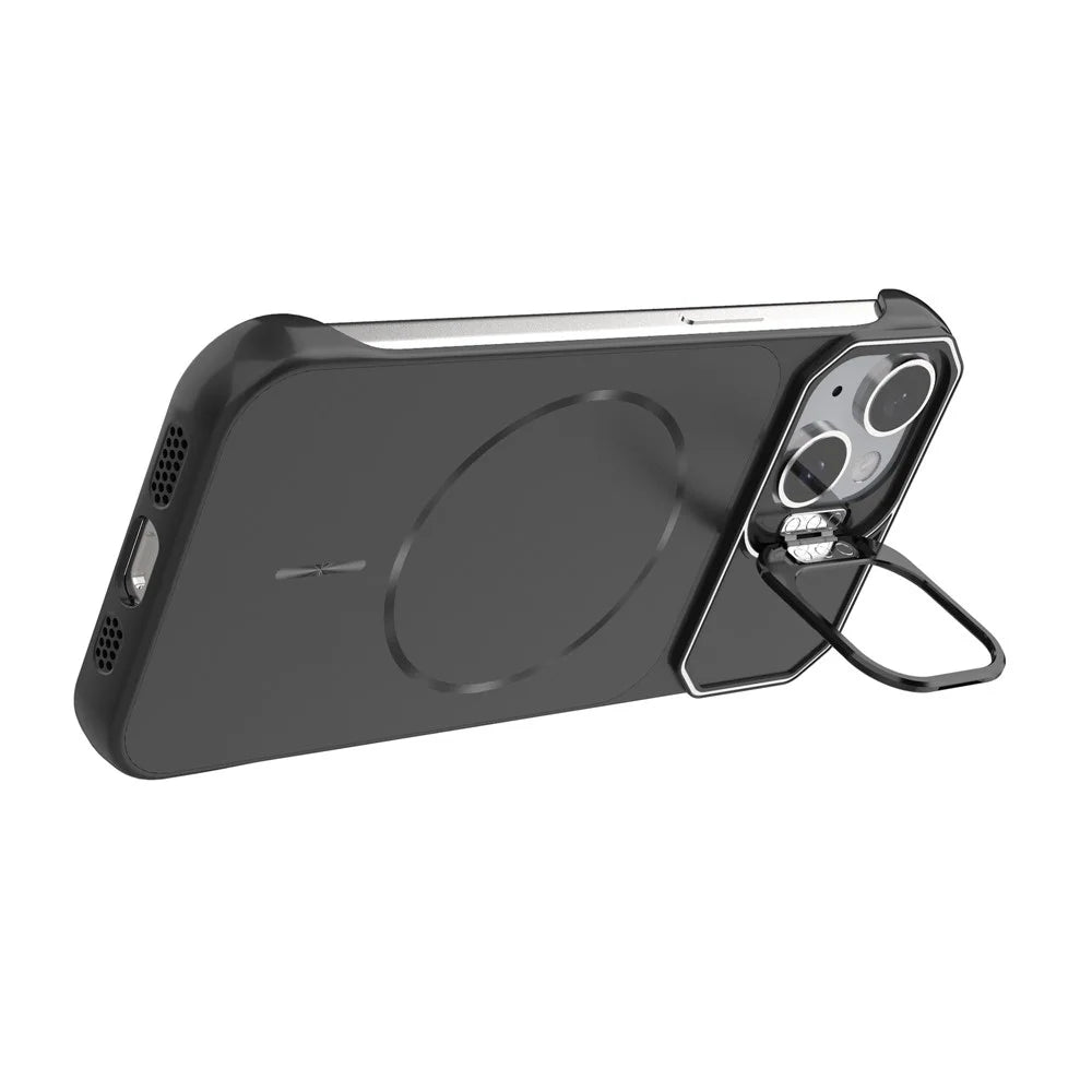 For iPhone 15 Magnetic Case Lens Frame Kickstand Matte PC Frameless Phone Cover - Black - 2