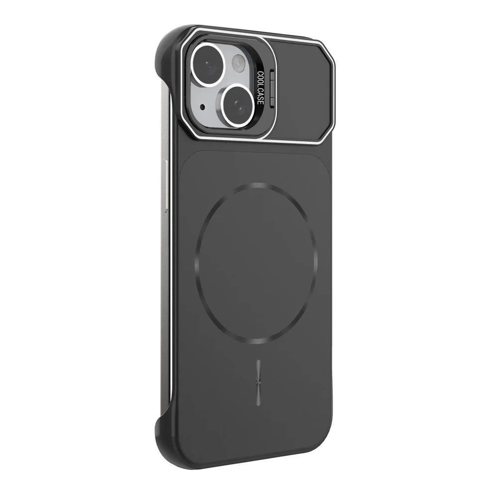 For iPhone 15 Magnetic Case Lens Frame Kickstand Matte PC Frameless Phone Cover - Black - 3