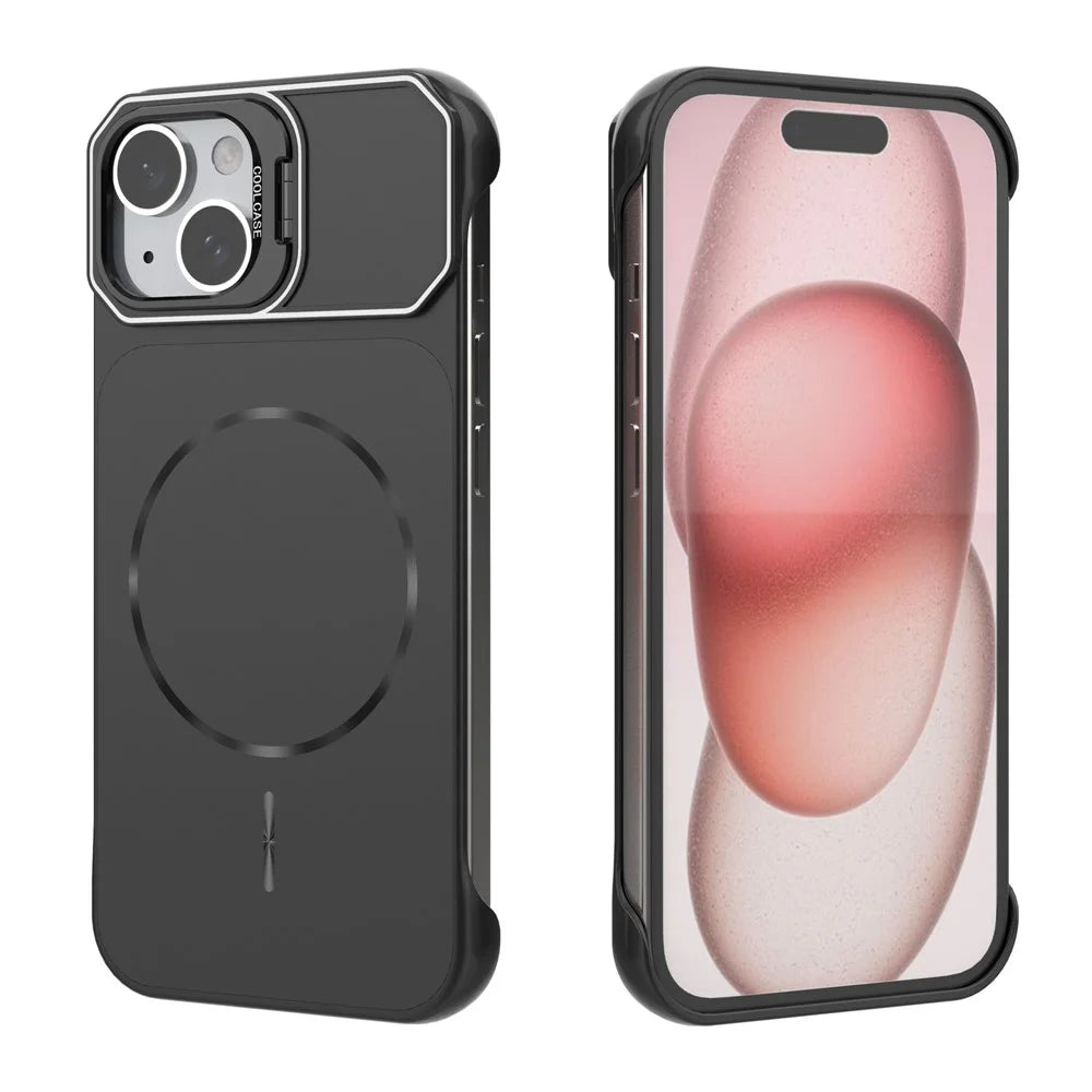 For iPhone 15 Magnetic Case Lens Frame Kickstand Matte PC Frameless Phone Cover - Black - 4