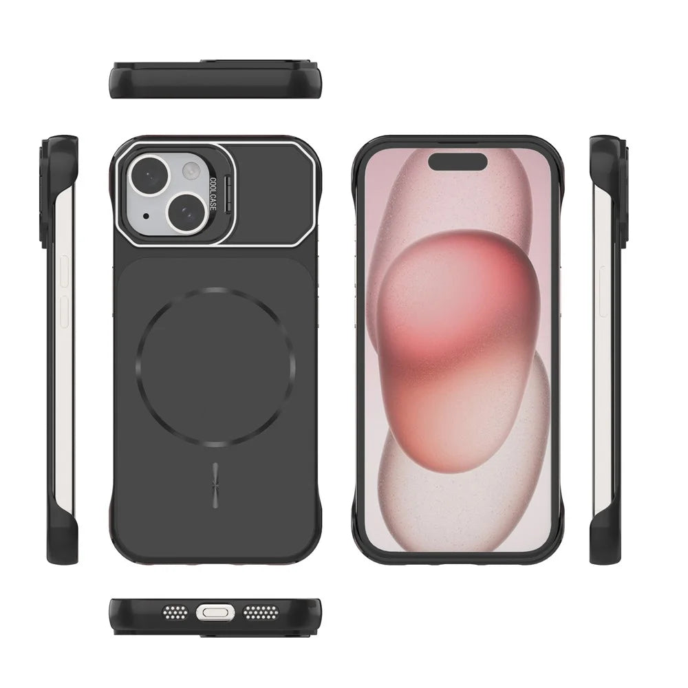 For iPhone 15 Magnetic Case Lens Frame Kickstand Matte PC Frameless Phone Cover - Black - 5