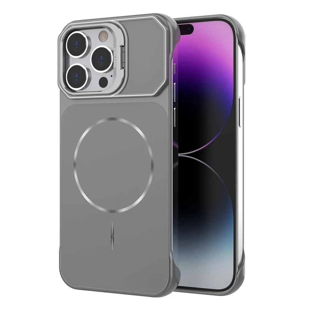 For iPhone 15 Pro Magnetic Case Lens Frame Kickstand Matte PC Frameless Phone Cover - Grey - 1