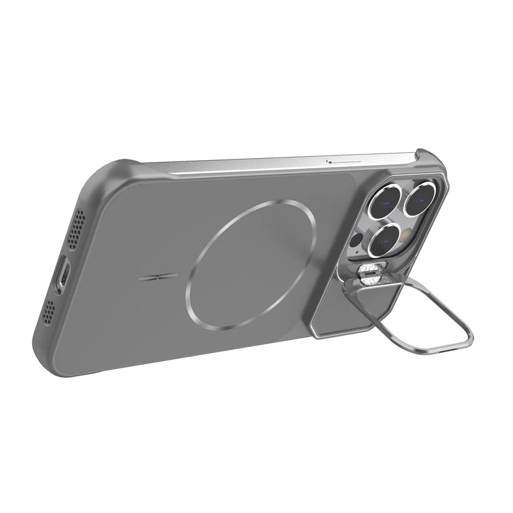 For iPhone 15 Pro Magnetic Case Lens Frame Kickstand Matte PC Frameless Phone Cover - Grey - 2