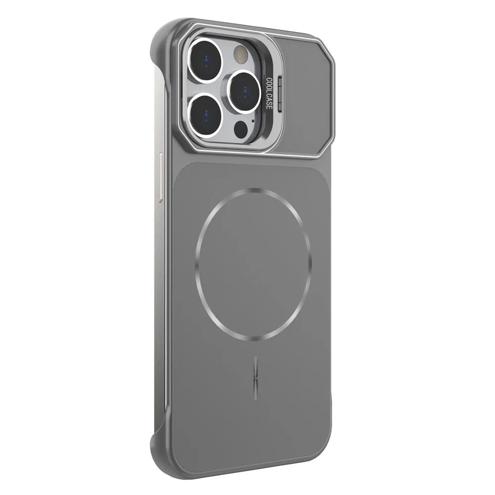 For iPhone 15 Pro Magnetic Case Lens Frame Kickstand Matte PC Frameless Phone Cover - Grey - 3