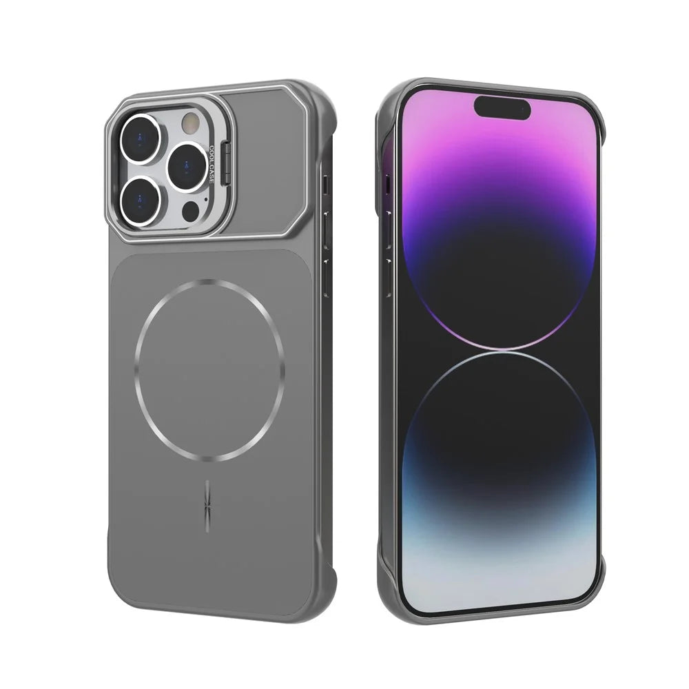 For iPhone 15 Pro Magnetic Case Lens Frame Kickstand Matte PC Frameless Phone Cover - Grey - 4