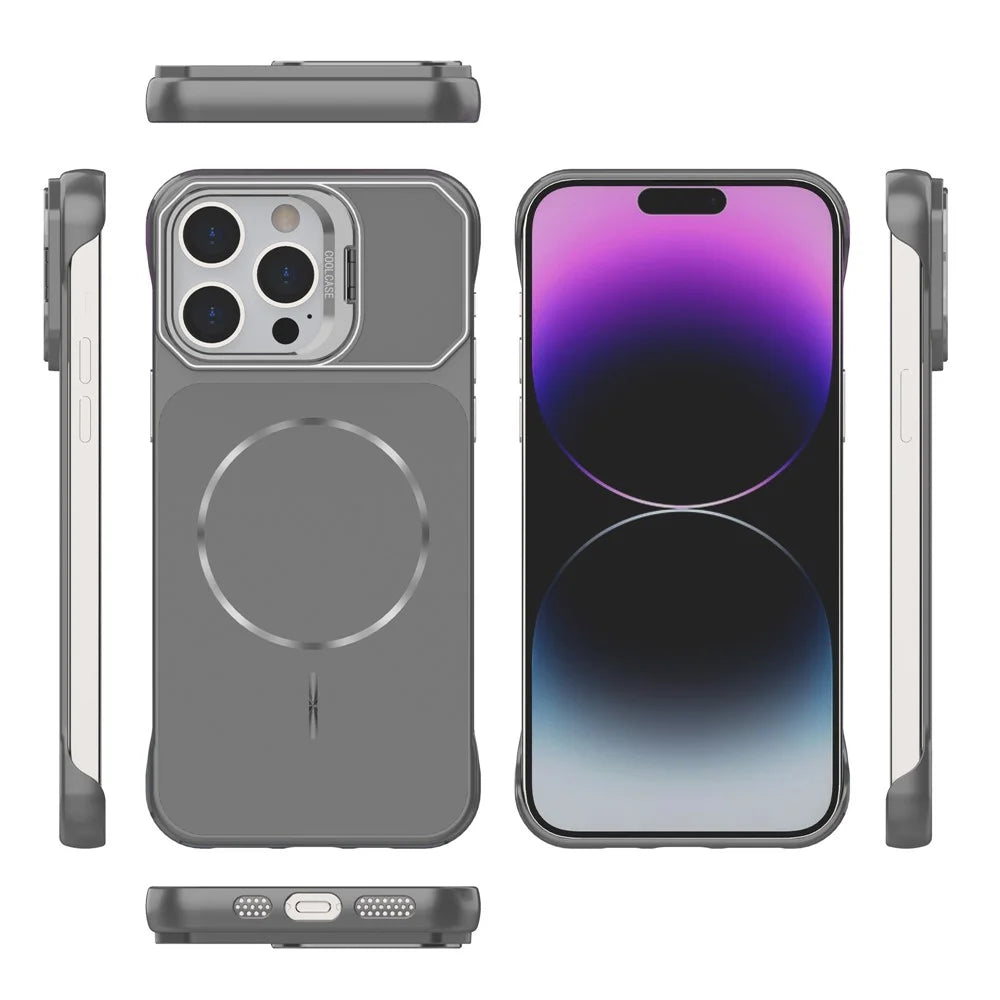 For iPhone 15 Pro Magnetic Case Lens Frame Kickstand Matte PC Frameless Phone Cover - Grey - 5
