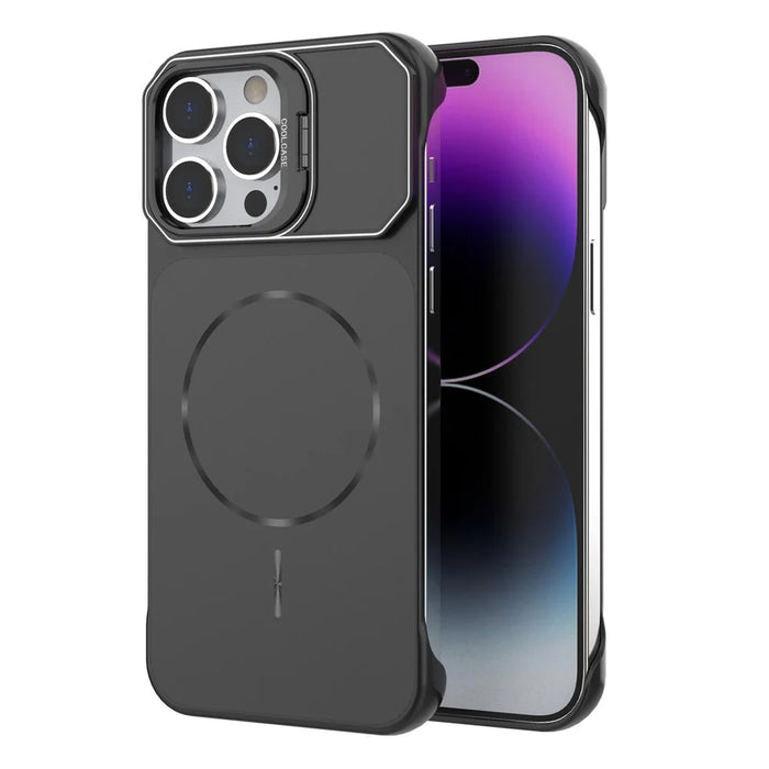 For iPhone 15 Pro Max Magnetic Case Lens Frame Kickstand Matte PC Frameless Phone Cover - Black - 1