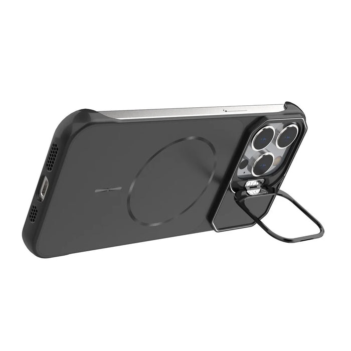 For iPhone 15 Pro Max Magnetic Case Lens Frame Kickstand Matte PC Frameless Phone Cover - Black - 2