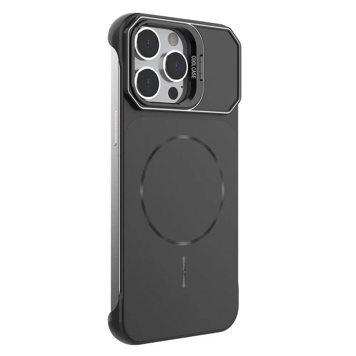 For iPhone 15 Pro Max Magnetic Case Lens Frame Kickstand Matte PC Frameless Phone Cover - Black - 3