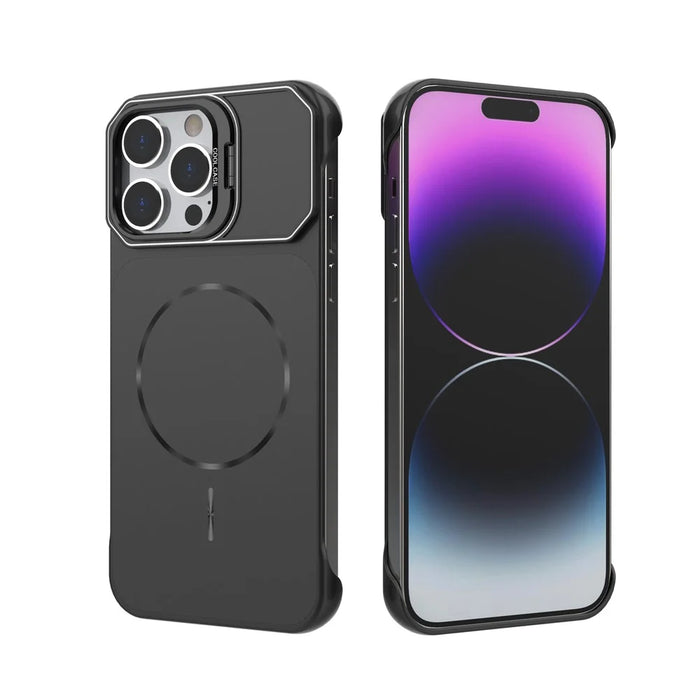 For iPhone 15 Pro Max Magnetic Case Lens Frame Kickstand Matte PC Frameless Phone Cover - Black - 4