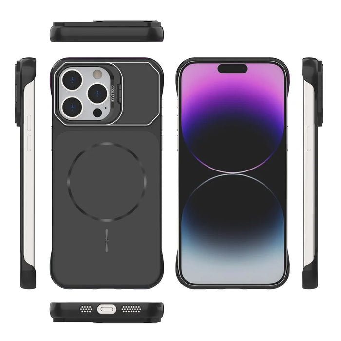 For iPhone 15 Pro Max Magnetic Case Lens Frame Kickstand Matte PC Frameless Phone Cover - Black - 5