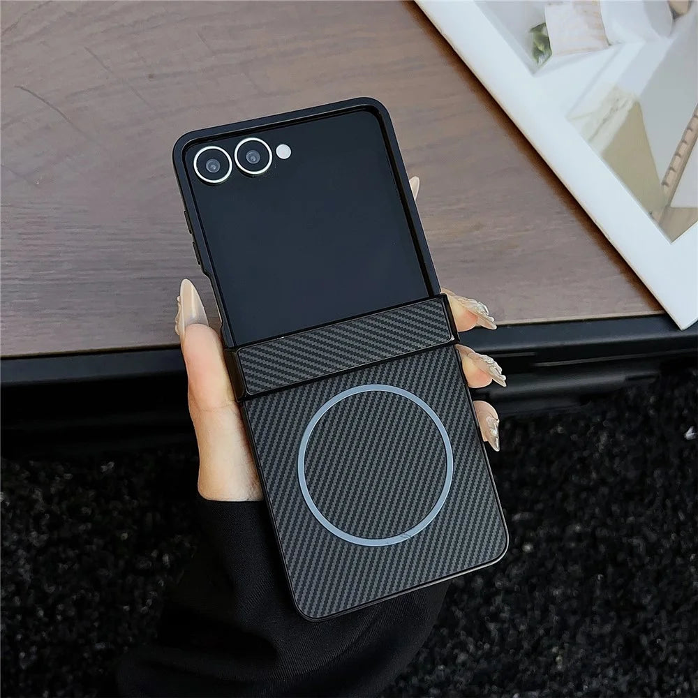 For Samsung Galaxy Z Flip8 Magnetic Case Carbon Fiber Texture Folding Phone Cover - Black - 1
