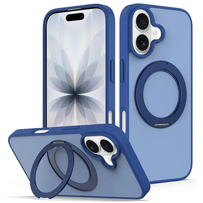 For iPhone 17 Case with Rotating Magnetic Kickstand PC + TPU Skin-Touch Phone Cover - Sapphire - 1