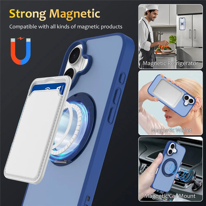 For iPhone 16 Case with Rotating Magnetic Kickstand PC + TPU Skin-Touch Phone Cover - Sapphire - 4
