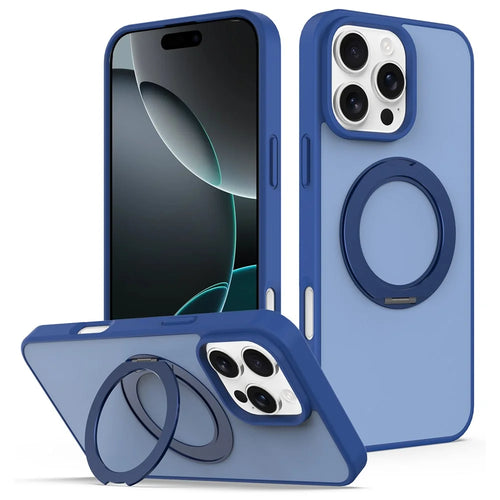 For iPhone 16 Pro Max Case with Rotating Magnetic Kickstand PC + TPU Skin-Touch Phone Cover - Sapphire - 1