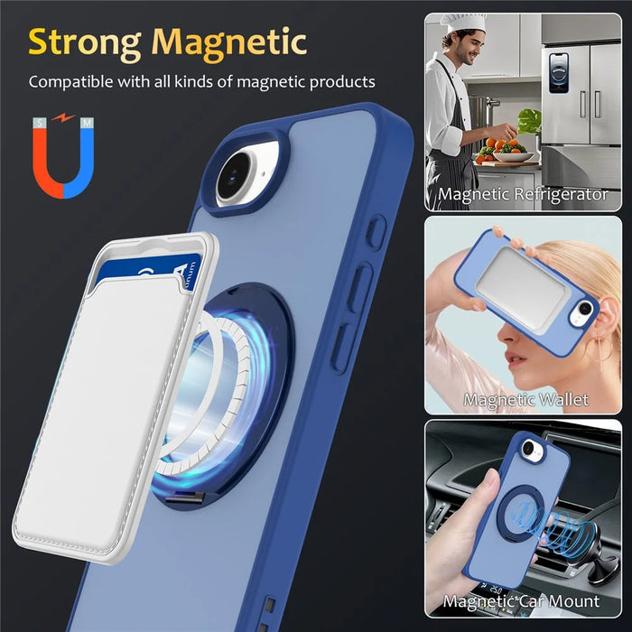 For iPhone 17e / 16e Case with Rotating Magnetic Kickstand PC + TPU Skin-Touch Phone Cover - Sapphire - 4