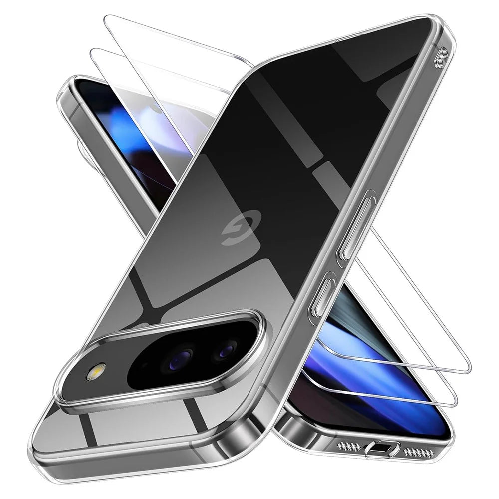 For Google Pixel 11  /  Pixel 11 Pro Case TPU Clear Phone Cover + 2PCS Tempered Glass Screen Film 2.5D Arc Edge - 1