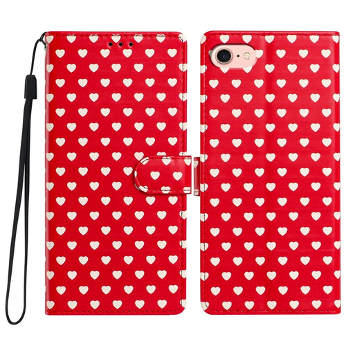 For iPhone 17e / 16e Case Heart Pattern PU Leather Flip Wallet Stand Phone Cover with Wrist Strap - Red - 1