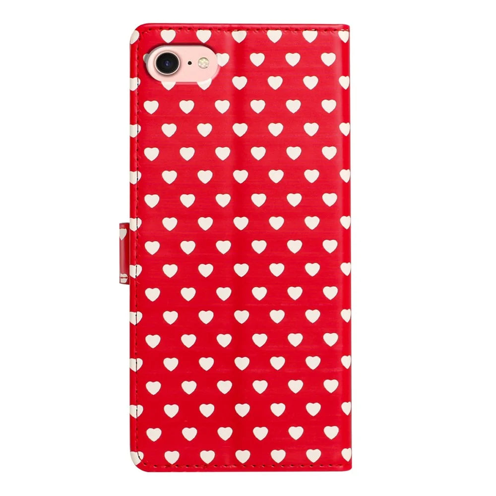 For iPhone 17e / 16e Case Heart Pattern PU Leather Flip Wallet Stand Phone Cover with Wrist Strap - Red - 7