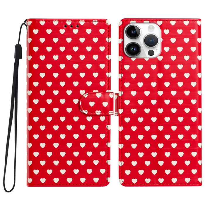 For iPhone 16 Pro Max Case Heart Pattern PU Leather Flip Wallet Stand Phone Cover with Wrist Strap - Red - 1