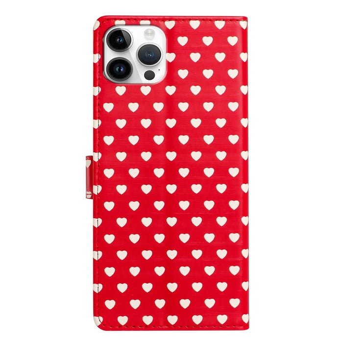 For iPhone 16 Pro Max Case Heart Pattern PU Leather Flip Wallet Stand Phone Cover with Wrist Strap - Red - 7