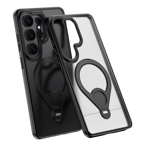 IM-CHEN for Samsung Galaxy S26 Ultra Case Magnetic Tennis Racket Kickstand PC + TPU Translucent Matte Phone Cover - Black - 1