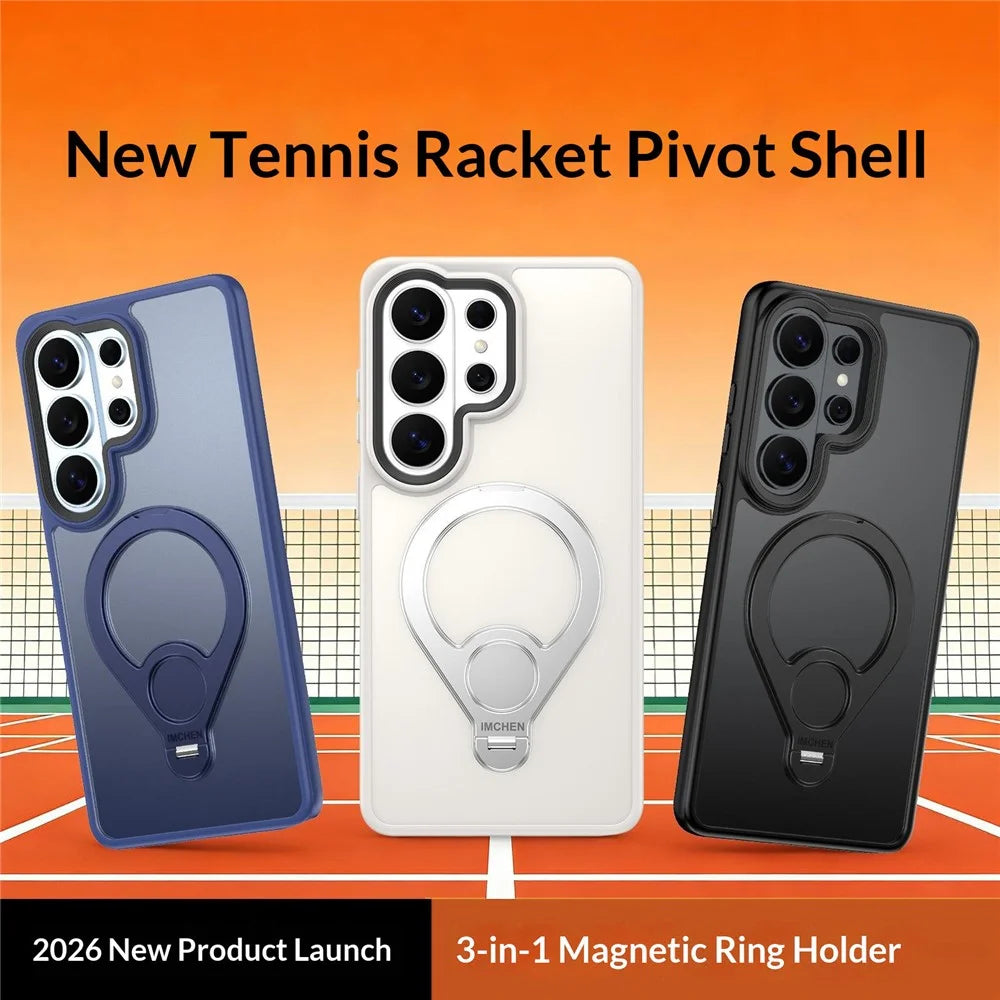 IM-CHEN for Samsung Galaxy S26 Ultra Case Magnetic Tennis Racket Kickstand PC + TPU Translucent Matte Phone Cover - Black - 7