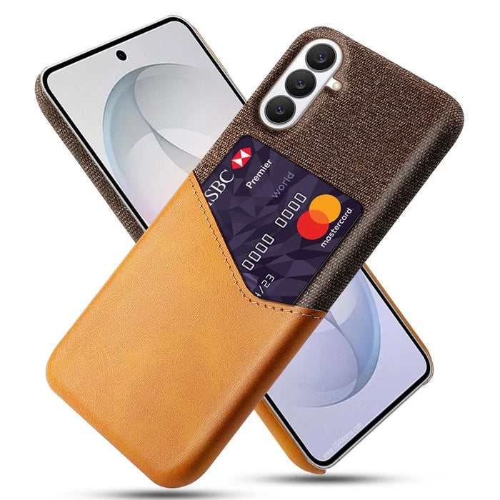For Samsung Galaxy S26 FE Case PU Leather Cloth Texture Hard PC Phone Cover with Card Holder - Orange - 1