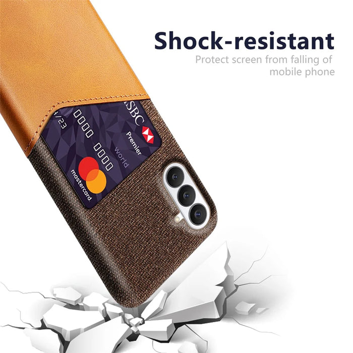 For Samsung Galaxy S26 FE Case PU Leather Cloth Texture Hard PC Phone Cover with Card Holder - Orange - 2