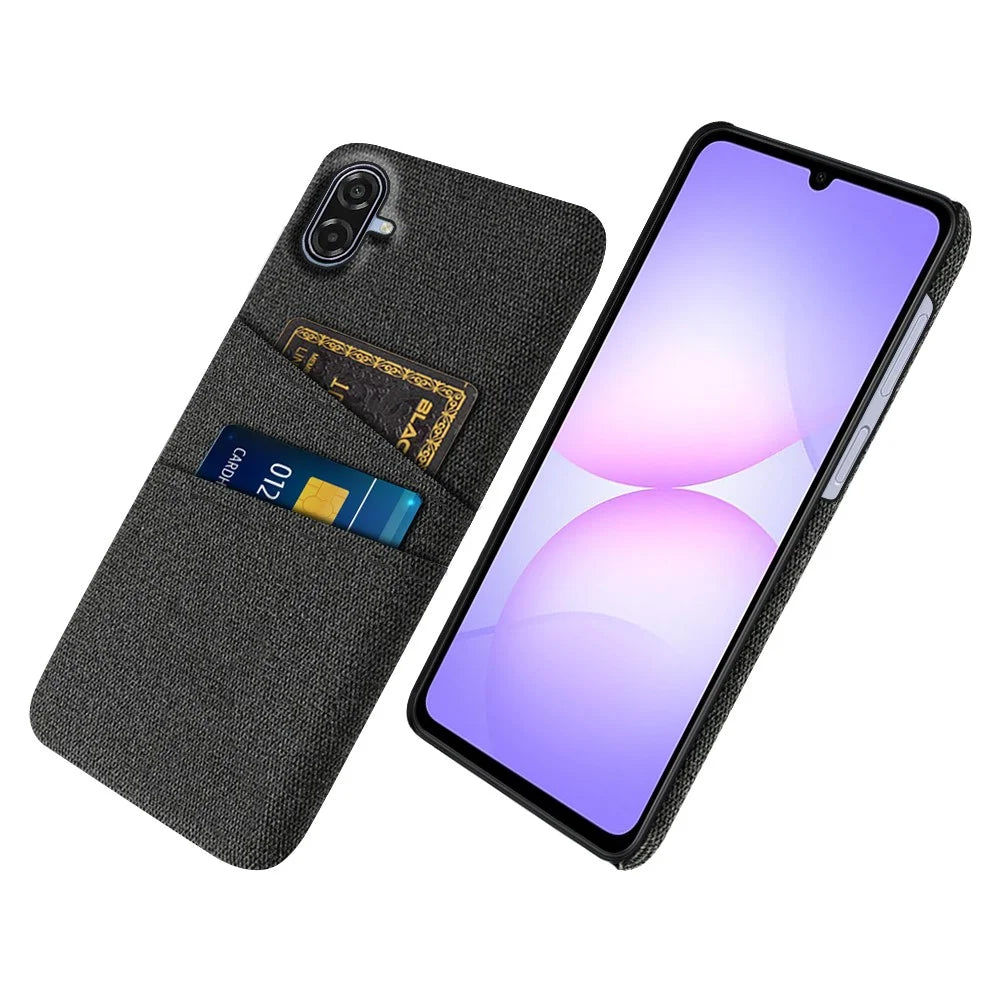 For Samsung Galaxy A07 5G Case Cloth + Hard PC Phone Cover with Dual Card Slots - Black - 1