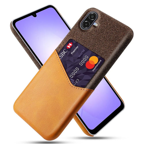 For Samsung Galaxy A07 5G Case PU Leather Cloth Texture Hard PC Phone Cover with Card Holder - Orange - 1