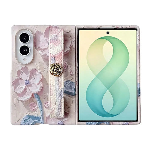 For Samsung Galaxy Z Fold8 Case Embossed Watercolor Floral Hard PC Phone Cover with Wrist Band - Watercolour Pink - 1