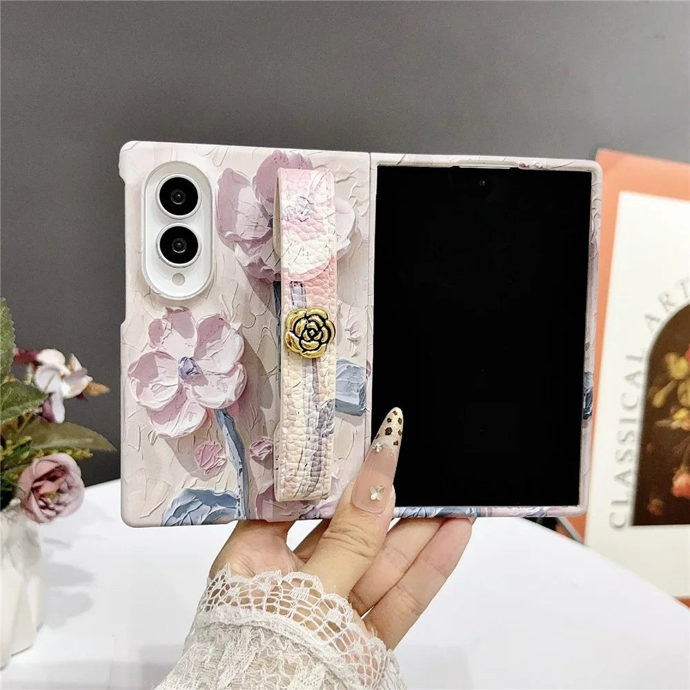 For Samsung Galaxy Z Fold8 Case Embossed Watercolor Floral Hard PC Phone Cover with Wrist Band - Watercolour Pink - 2