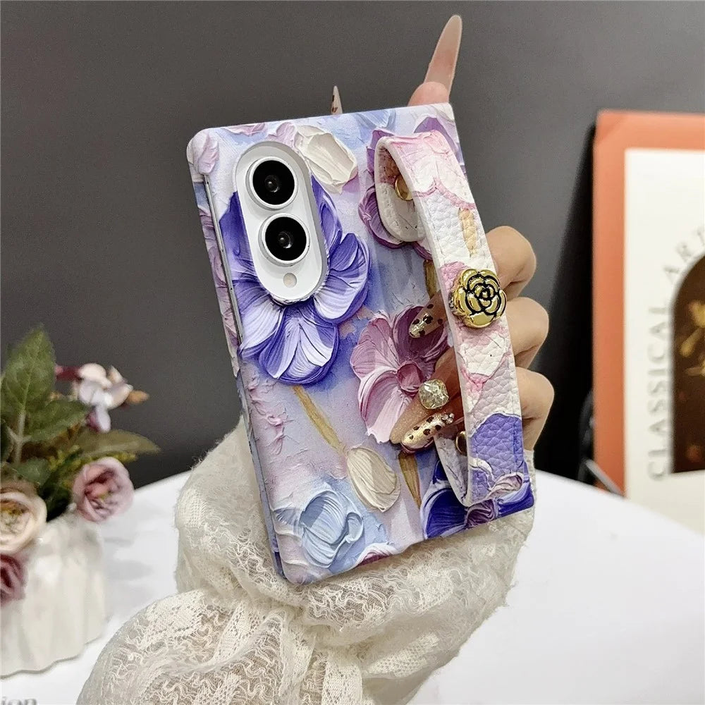 For Samsung Galaxy Z Fold8 Case Embossed Watercolor Floral Hard PC Phone Cover with Wrist Band - Watercolour Pink - 3