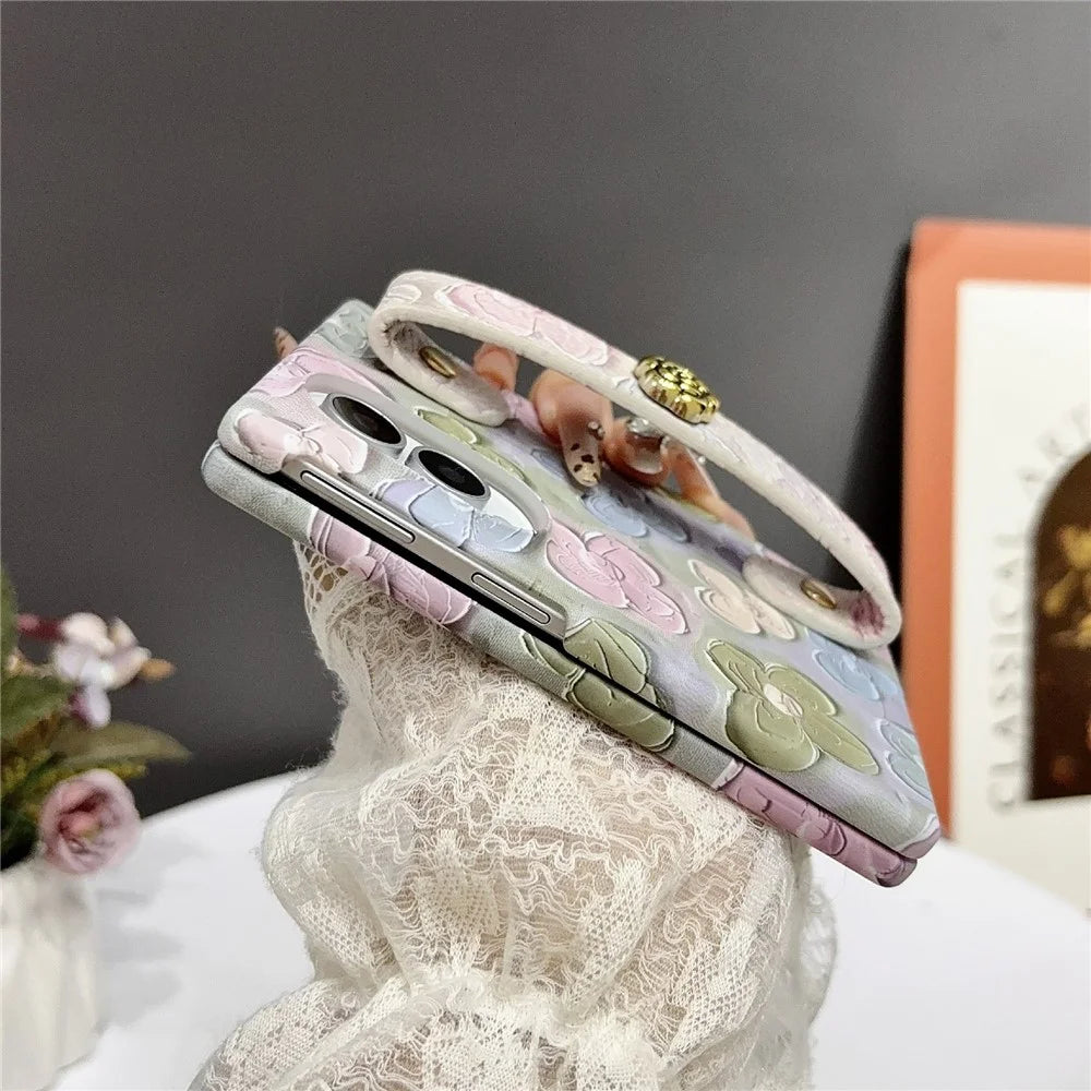 For Samsung Galaxy Z Fold8 Case Embossed Watercolor Floral Hard PC Phone Cover with Wrist Band - Watercolour Pink - 6