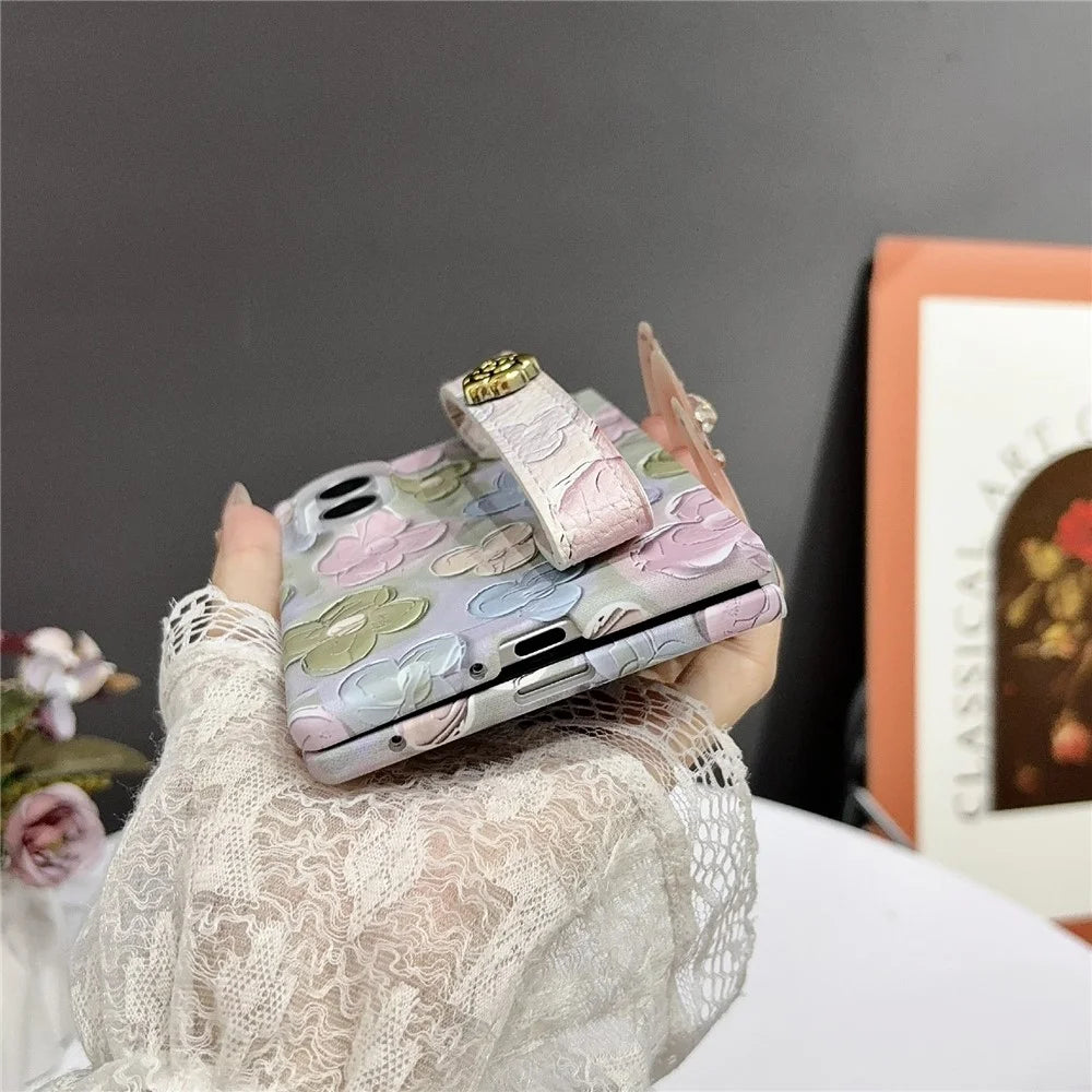 For Samsung Galaxy Z Fold8 Case Embossed Watercolor Floral Hard PC Phone Cover with Wrist Band - Watercolour Pink - 7