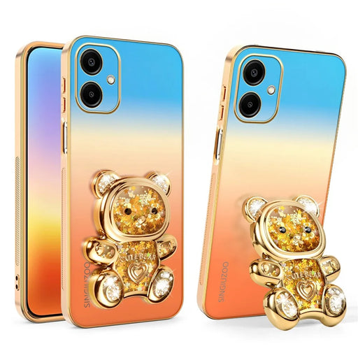 SINGIUZOO For Samsung Galaxy A06 4G Case Glitter Bear Kickstand Electroplated Gradient Color PC + TPU Phone Cover - Orange - 1