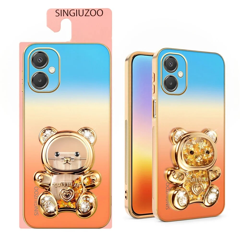 SINGIUZOO Electroplated Case For Samsung Galaxy A06 5G / M06 5G / F06 5G / M05 4G Glitter Bear Kickstand Gradient Color PC + TPU Phone Cover - Orange - 2