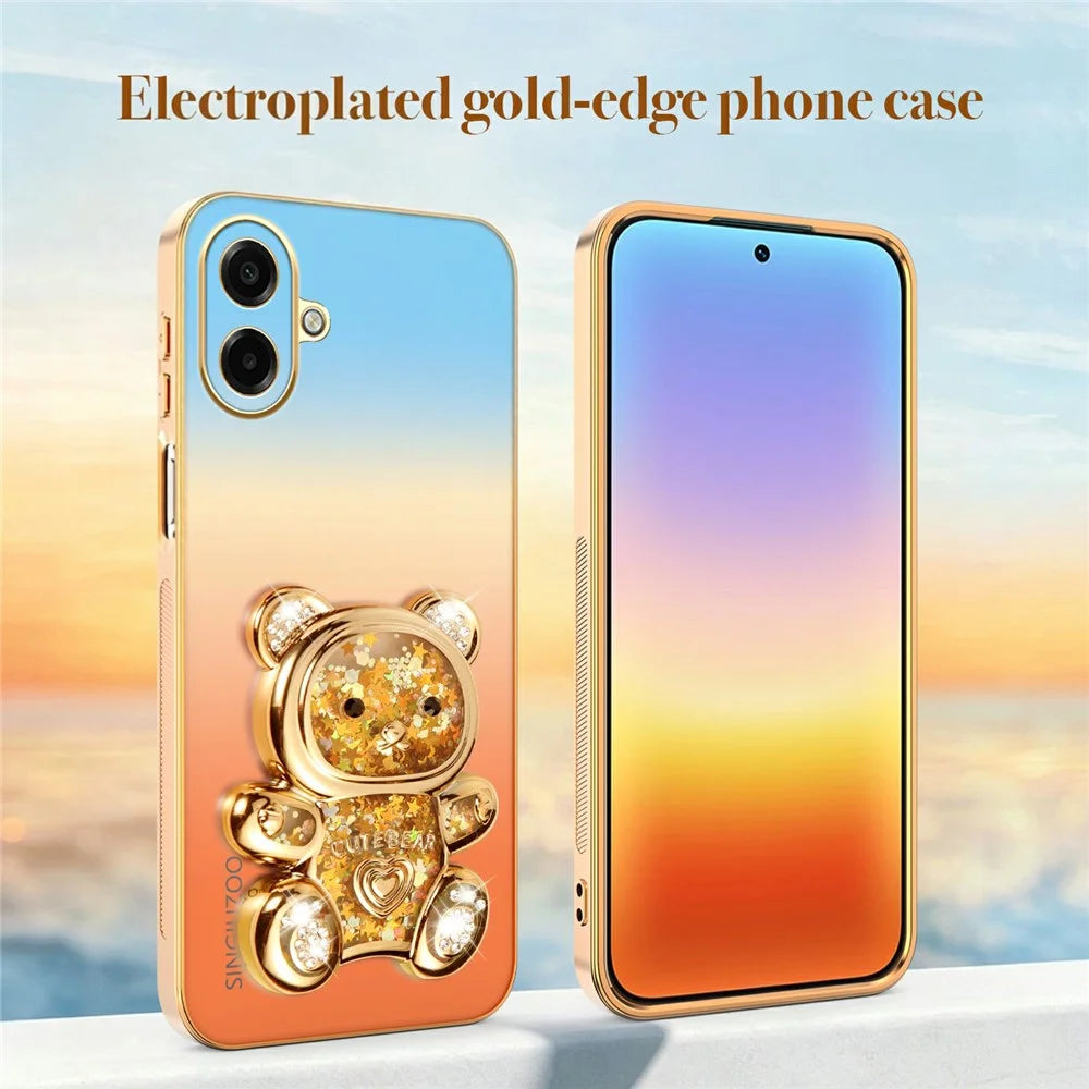 SINGIUZOO Electroplated Case for Samsung Galaxy A08 5G / A08 4G / A07 4G / A07 5G / M07 4G Glitter Bear Kickstand Gradient Color PC + TPU Phone Cover - Orange - 5